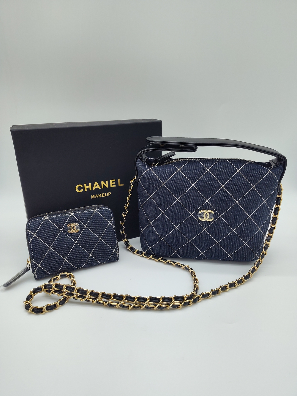 CHANEL MAKEUP Promotional  Denim Quilted Vanity Bag Chain Strap Wallet Box Set